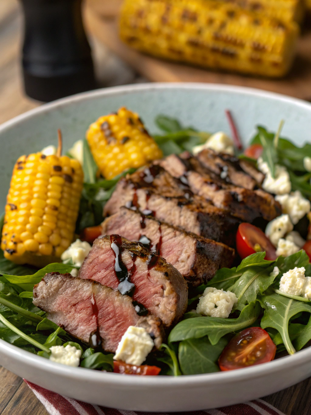 Balsamic Steak Gorgonzola Salad with Grilled Corn