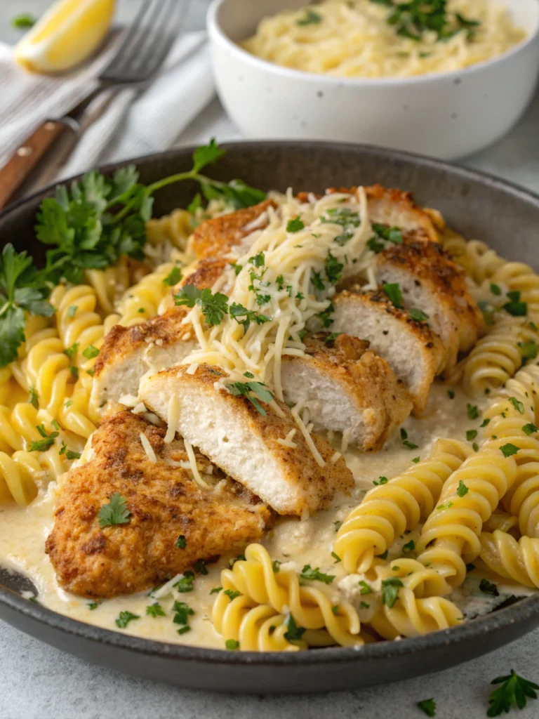 Creamy Garlic Butter Chicken and Rotini in Parmesan Sauce