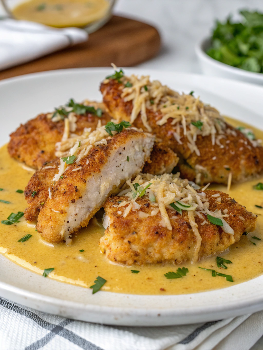 Crispy Parmesan Chicken with Rich Garlic Sauce