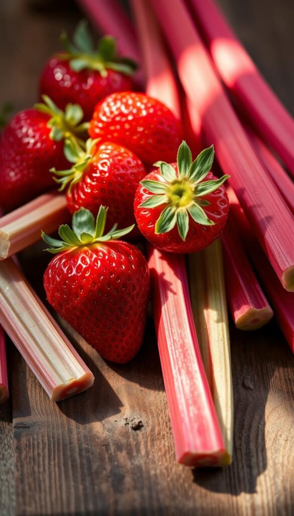 Fresh Strawberries and Rhubarb Stalks