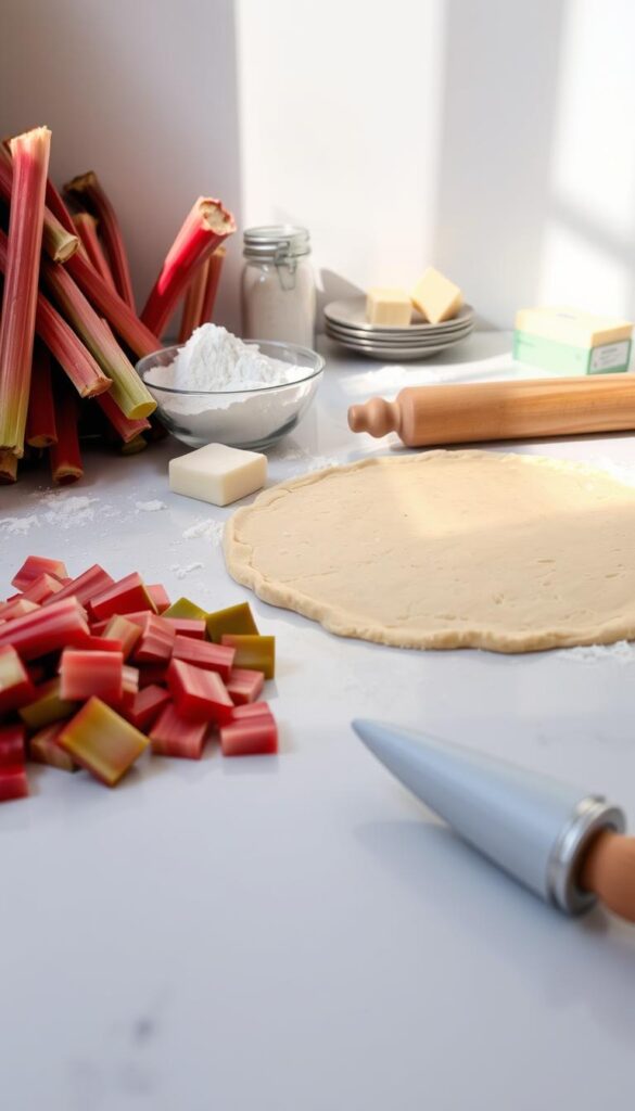 Rhubarb bar ingredients and shortbread crust preparation